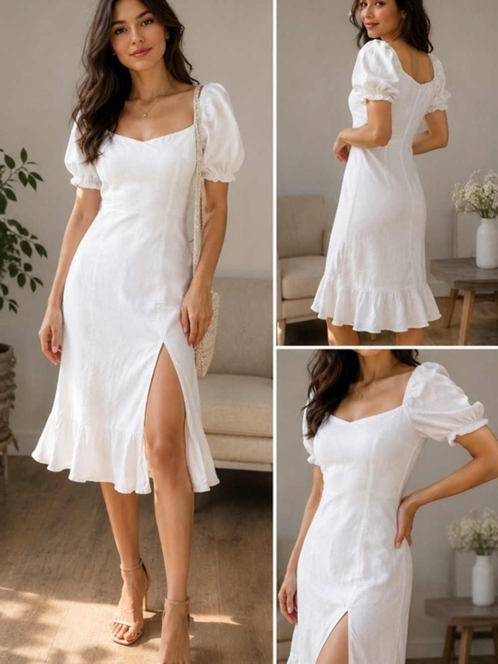 Square Neck White Midi Dress with Puff Sleeves and Side Slit